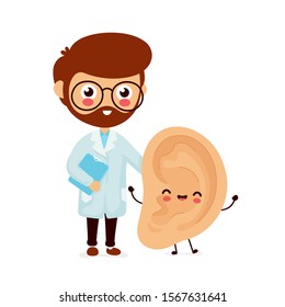 Cute smiling happy human ear and doctor. Vector flat cartoon character illustration.Isolated on white background. Human ear character concept