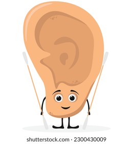 Cute smiling happy human ear holding cotton  ear sticks. Ear mascot