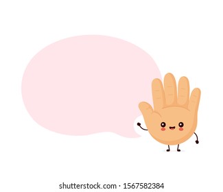 Cute smiling happy human hand with speech bubble. Vector flat cartoon character illustration.Isolated on white background. Human hand character concept