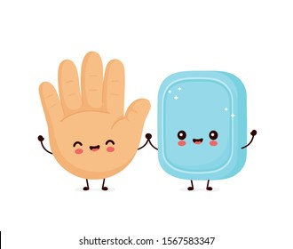 Cute smiling happy human hand and soap. Vector flat cartoon character illustration.Isolated on white background. Human hand character concept