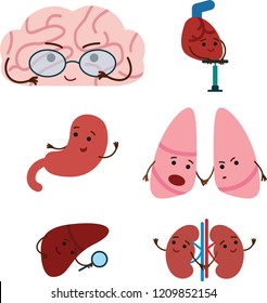 Cute smiling happy human healthy strong organs set. Heart, liver, brain, stomach, lungs, kidneys,intestine organs. Vector cartoon character illustration design. 