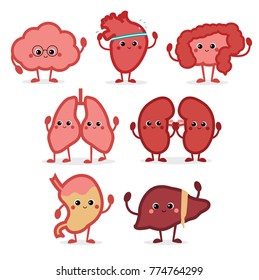 Cute smiling happy human healthy strong organs set. Vector cartoon character illustration icon design. Isolated on white background. Heart, liver, brain, stomach, lungs, kidneys,intestine organ