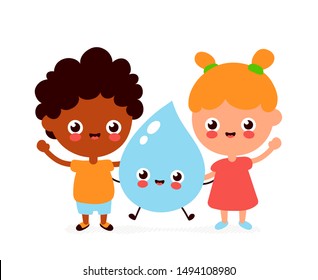 Cute smiling happy kids and water drop. Vector flat cartoon character illustration.Isolated on white background.Water drop,boy and girl character concept