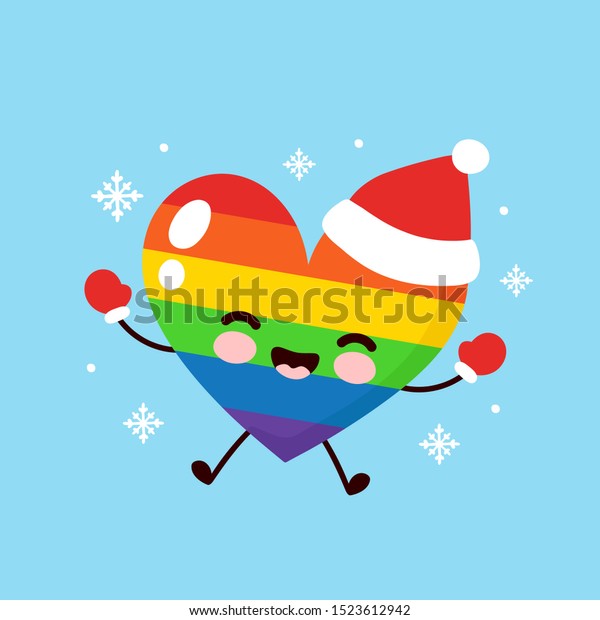 かわいい笑顔のlgbtハートのクリスマスハットと手袋 ベクター平面のカートーンのキャラクタイラスト クリスマスlgbtの心の特徴のコンセプト のベクター画像素材 ロイヤリティフリー