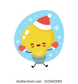 Cute Smiling Happy Light Bulb In Christmas Hat And Gloves. Vector Flat Cartoon Character Illustration. Christmas Lightbulb Character Concept