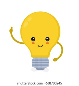 Cute smiling happy light bulb have idea. Vector modern flat style cartoon character illustration. Isolated on white background. Idea concept