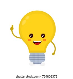 Cute smiling happy light bulb have idea. Vector modern flat style cartoon character illustration. Isolated on white background.  Have new idea concept