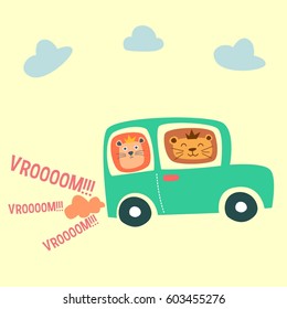 Cute Smiling Happy Lion in The Car, King of the jungle. Tee print, shirt, embroidery, mug, bag, lunchbox, wallpaper, wrapper, poster, banner flat design for kids. vector illustration