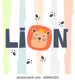 Cute Smiling Happy Lion With Foot Print And Colorful Background, King Of The Jungle. Tee Print, Shirt, Embroidery, Mug, Bag, Lunchbox, Wallpaper, Wrapper, Poster, Banner Flat Design For Kids