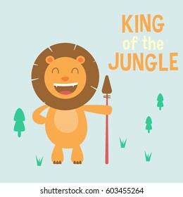 Cute Smiling Happy Lion hold a spear, King of the jungle. Tee print, shirt, embroidery, mug, bag, lunchbox, wallpaper, wrapper, poster, banner flat design for kids. vector illustration