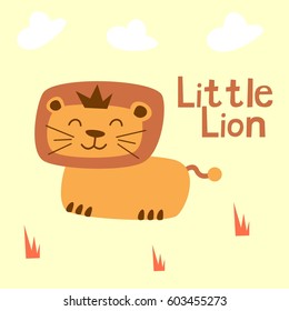 Cute Smiling Happy Lion, King of the jungle. Tee print, shirt, embroidery, mug, bag, lunchbox, wallpaper, wrapper, poster, banner flat design for kids. vector illustration