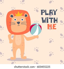 Cute Smiling Happy Lion playing ball with foot print background, King of the jungle. Tee print, shirt, embroidery, mug, bag, lunchbox, wallpaper, wrapper, poster, banner flat design for kids
