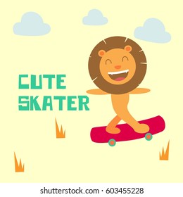 Cute Smiling Happy Lion playing skateboard, King of the jungle. Tee print, shirt, embroidery, mug, bag, lunchbox, wallpaper, wrapper, poster, banner flat design for kids. vector illustration