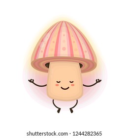 Cute smiling happy magic psilocybin mushroom meditating in psychedelic trip. Vector flat cartoon character illustration design icon. Magic psychedelic mushroom concept