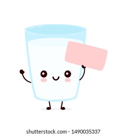 Cute smiling happy milk glass with empty sign. Vector flat cartoon character illustration.Isolated on white background.Milk glass character concept