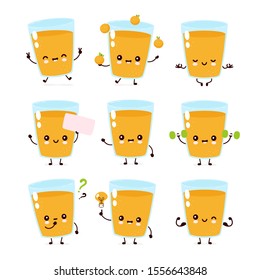 Cute smiling happy orange juice glass set collection. Vector flat cartoon character illustration.Isolated on white background.Orange glass mascot bundle character concept