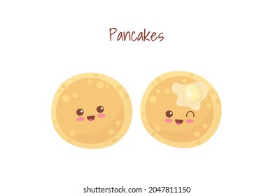 Cute smiling happy pancakes with butter. Kawaii bakery characters. Vector cartoon food illustration isolated on white background. Use for children breakfast, menu, fabric print, greeting card.