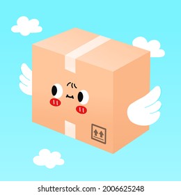 Cute smiling happy parcel,delivery box with wings fly in sky. Vector flat cartoon character illustration. Delivery box,wings,fly character concept
