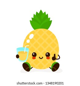 Cute smiling happy pineapple with a glass of juice. Vector modern flat style cartoon character illustration. Isolated on white background. Cute pineapple,lemonade,frash juice concept