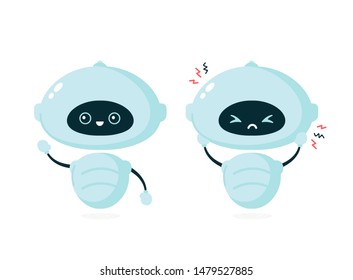 Cute smiling happy and sad angry robot, bot. Vector modern flat cartoon character illustration.Isolated on white background.Friendly robot,chat bot concept