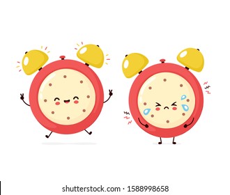 Cute smiling happy and sad cry alarm time clock. Vector flat cartoon character illustration icon design.Isolated on white background. Alarm time clock character concept