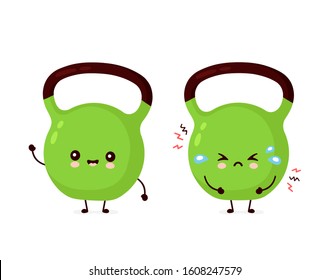 Cute smiling happy and sad fitness kettlebell weight. Vector flat cartoon character illustration icon design.Isolated on white background. Fitness kettlebell weight,sport,gym mascot character concept