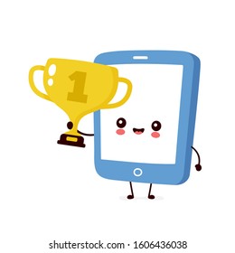 Cute smiling happy smartphone hold gold trophy cup. Vector flat cartoon character illustration icon design.Isolated on white background. Smartphone phone with winner trophy cup character concept