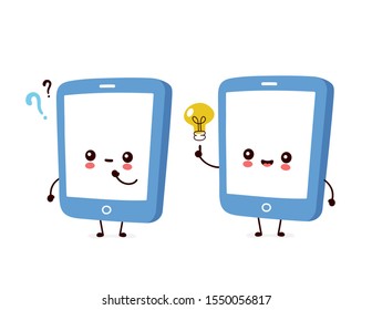 Cute smiling happy smartphone, mobile phone with question mark and idea lightbulb. Vector flat cartoon character illustration.Isolated on white background. Smartphone character concept