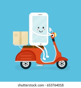 Cute smiling happy smartphone, mobile phone app rides scooter parcel.Vector flat mascot face cartoon character illustration logo icon design.Speed fast delivery app concept,box,food shipping courier