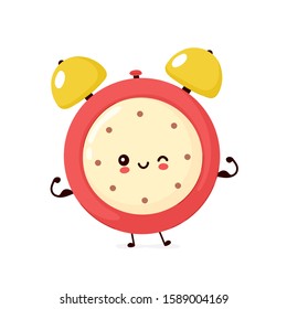 Cute smiling happy strong alarm time clock show muscle. Vector flat cartoon character illustration icon design.Isolated on white background. Alarm time clock character concept