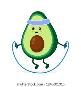 Cute smiling happy strong avocado with jumping rope.Vector flat cartoon character illustration icon. Isolated on white background.Avocado,gym lifestyle,sport jump rope,health,fitness nutrition concept