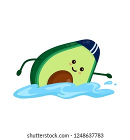 Cute smiling happy strong avocado swimming.Vector flat cartoon character illustration icon. Isolated on white background.Avocado,gym lifestyle,sport swimming,swim,health,fitness nutrition concept