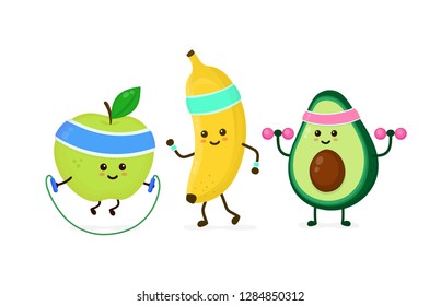 Cute Smiling Happy Strong Avocado Make Gym With Dumbbells,apple Jump With Rope,banana Running.Vector Flat Cartoon Character Illustration Icon.Isolated On White Background.Gym,fitness Nutrition Concept