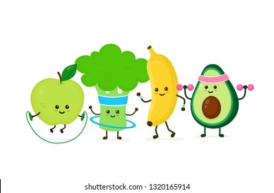 Cute smiling happy strong avocado make gym with dumbbells,apple jump with rope,banana running,broccoli with hula hoop.Vector flat cartoon character illustration icon.Gym,fitness nutrition concept