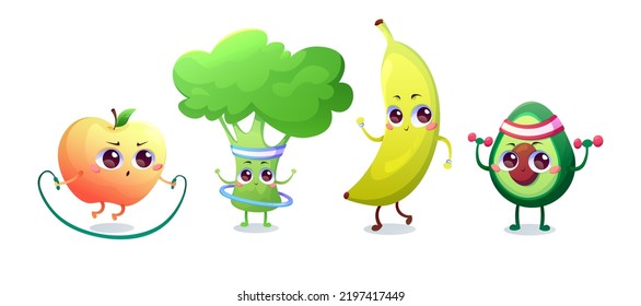 Cute smiling happy strong avocado make gym with dumbbells,apple jump with rope,banana running,broccoli with hula hoop.Vector flat cartoon character illustration icon.Gym,fitness nutrition concept
