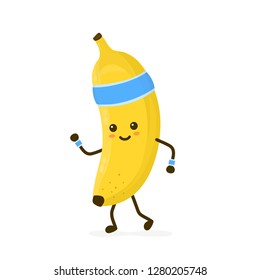 Cute smiling happy strong banana running.Vector flat cartoon kawaii character illustration icon. Isolated on white background.Banana,gym lifestyle,sport run,health,fitness nutrition concept