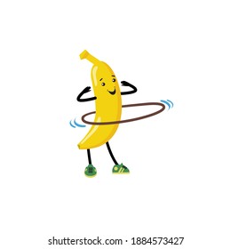 Cute smiling happy strong banana make fitness gym with hula hoop.Vector flat cartoon character illustration icon.