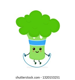 Cute smiling happy strong broccoli with jumping rope.Vector flat cartoon character illustration.Isolated on white background.Broccoli,gym lifestyle,sport jump rope,health,fitness nutrition concept