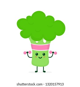 Cute smiling happy strong Broccoli make fitness gym with dumbbells.Vector flat cartoon character illustration icon. Isolated on white background.Broccoli,gym,sport,health,fitness nutrition concept