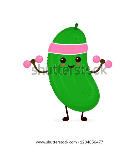 Cute smiling happy strong cucumber make fitness gym with dumbbells.Vector flat cartoon character illustration icon. Isolated on white background.Cucumber,gym,sport,health,fitness nutrition concept