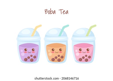 Cute smiling happy Tea with Bubbles. Kawaii sweet drink characters. Vector cartoon food illustration isolated on white background. Use for children, menu, fabric print, greeting card. Asian Boba Tea.