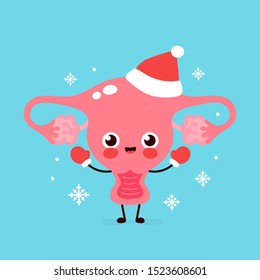 Cute smiling happy uterus organ in christmas hat and gloves. Vector flat cartoon character illustration. Christmas uterus character concept