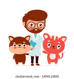 Cute smiling happy veterinarian doctor,cat and dog. Vector flat cartoon character illustration.Isolated on white background.Veterinary,dog,cat concept