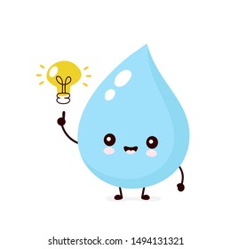 Cute smiling happy water drop with light bulb. Vector flat cartoon character illustration.Isolated on white background.Water drop character concept