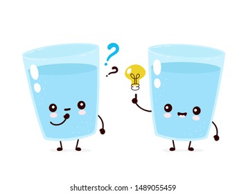 Cute Smiling Happy Water Glass With Question Mark And Idea Lightbulb. Vector Flat Cartoon Character Illustration.Isolated On White Background.Water Character Concept