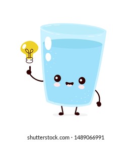 Cute smiling happy water glass with light bulb. Vector flat cartoon character illustration.Isolated on white background.Water have idea character concept