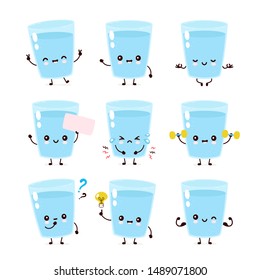 Cute smiling happy water glass set collection. Vector flat cartoon character illustration.Isolated on white background.Water in glass character bundle concept