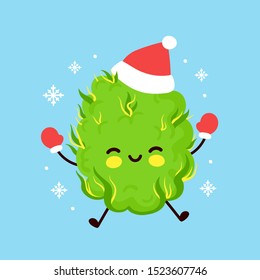 Cute Smiling Happy Weed Bud Organ In Christmas Hat And Gloves. Vector Flat Cartoon Character Illustration. Christmas Marijuana Character Concept