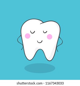 Cute smiling healthy molar tooth character. Cool mascot or funny symbol for dental clinic, orthodontic center. Cartoon character isolated on blue background. Vector illustration in flat style