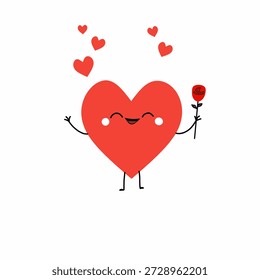 Personagem de coração sorridente bonito segurando a flor, ilustração romântica do amor do desenho animado para a celebração de namorados, símbolo de afeição doce isolado no fundo branco